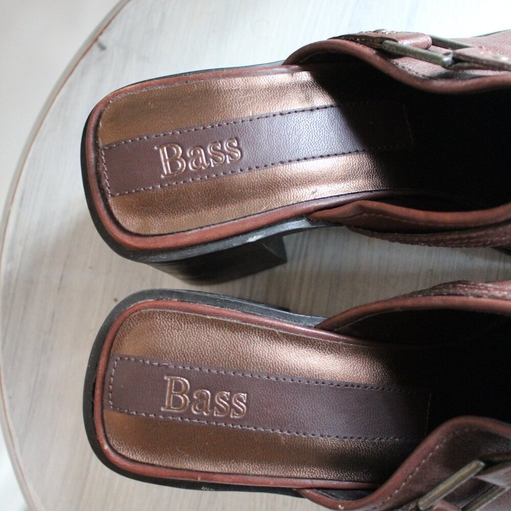 Bass Vintage Brown Leather Square Toe Block Heel Mules US7.5 - Picture 3 of 9
